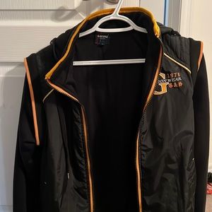Black jacket with yellow trim with detachable hood